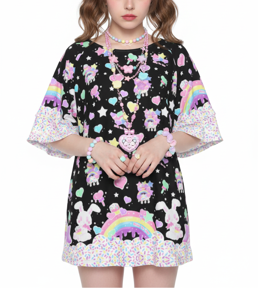 kawaii fashion Jfashion Harajuku style Decora kei kidcore cutecore jojifuku heisei retro Rainbow Sweets Round Neck Raglan Sleeve Ruffle Frill T-Shirt (Black) sprinkles cupcake sweets bunny magical girl mahou kei 