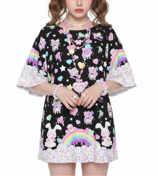 kawaii fashion Jfashion Harajuku style Decora kei kidcore cutecore jojifuku heisei retro Rainbow Sweets Round Neck Raglan Sleeve Ruffle Frill T-Shirt (Black) sprinkles cupcake sweets bunny magical girl mahou kei 