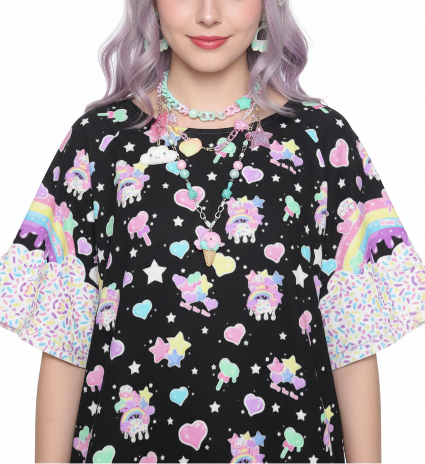 kawaii fashion Jfashion Harajuku style Decora kei kidcore cutecore jojifuku heisei retro Rainbow Sweets Round Neck Raglan Sleeve Ruffle Frill T-Shirt (Black) sprinkles cupcake sweets bunny magical girl mahou kei 