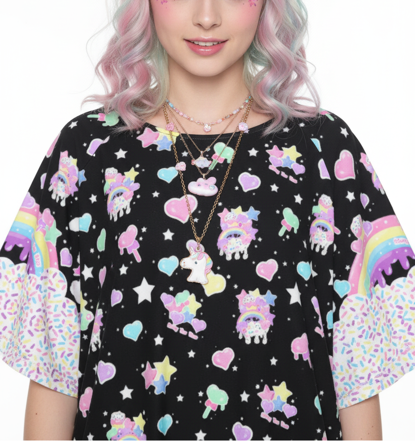 kawaii fashion Jfashion Harajuku style Decora kei kidcore cutecore jojifuku heisei retro Rainbow Sweets Round Neck Raglan Sleeve Ruffle Frill T-Shirt (Black) sprinkles cupcake sweets bunny magical girl mahou kei 