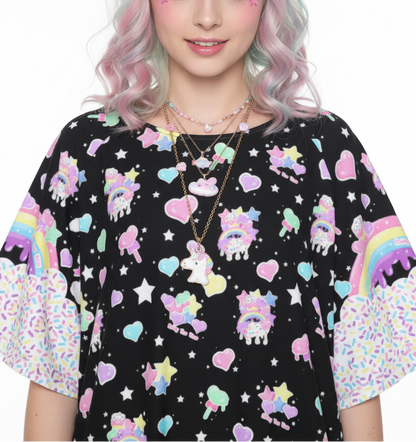 kawaii fashion Jfashion Harajuku style Decora kei kidcore cutecore jojifuku heisei retro Rainbow Sweets Round Neck Raglan Sleeve Ruffle Frill T-Shirt (Black) sprinkles cupcake sweets bunny magical girl mahou kei 
