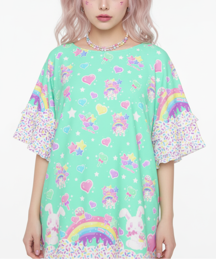 kawaii fashion Jfashion Harajuku style Decora kei kidcore cutecore jojifuku heisei retro Rainbow Sweets Round Neck Raglan Sleeve Ruffle Frill T-Shirt (Mint) sprinkles cupcake sweets bunny magical girl mahou kei green 