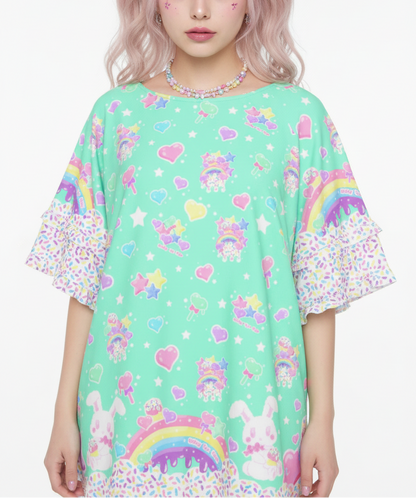 kawaii fashion Jfashion Harajuku style Decora kei kidcore cutecore jojifuku heisei retro Rainbow Sweets Round Neck Raglan Sleeve Ruffle Frill T-Shirt (Mint) sprinkles cupcake sweets bunny magical girl mahou kei green 