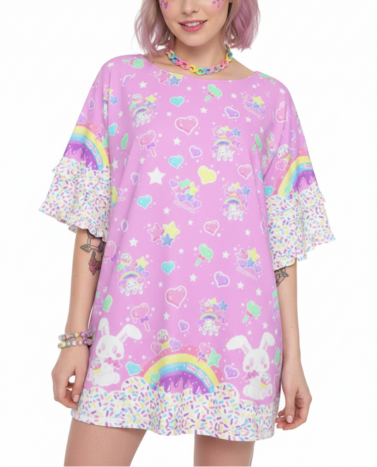 kawaii fashion Jfashion Harajuku style Decora kei kidcore cutecore jojifuku heisei retro Rainbow Sweets Round Neck Raglan Sleeve Ruffle Frill T-Shirt (Pink) sprinkles cupcake sweets bunny magical girl mahou kei bubblegum pink  