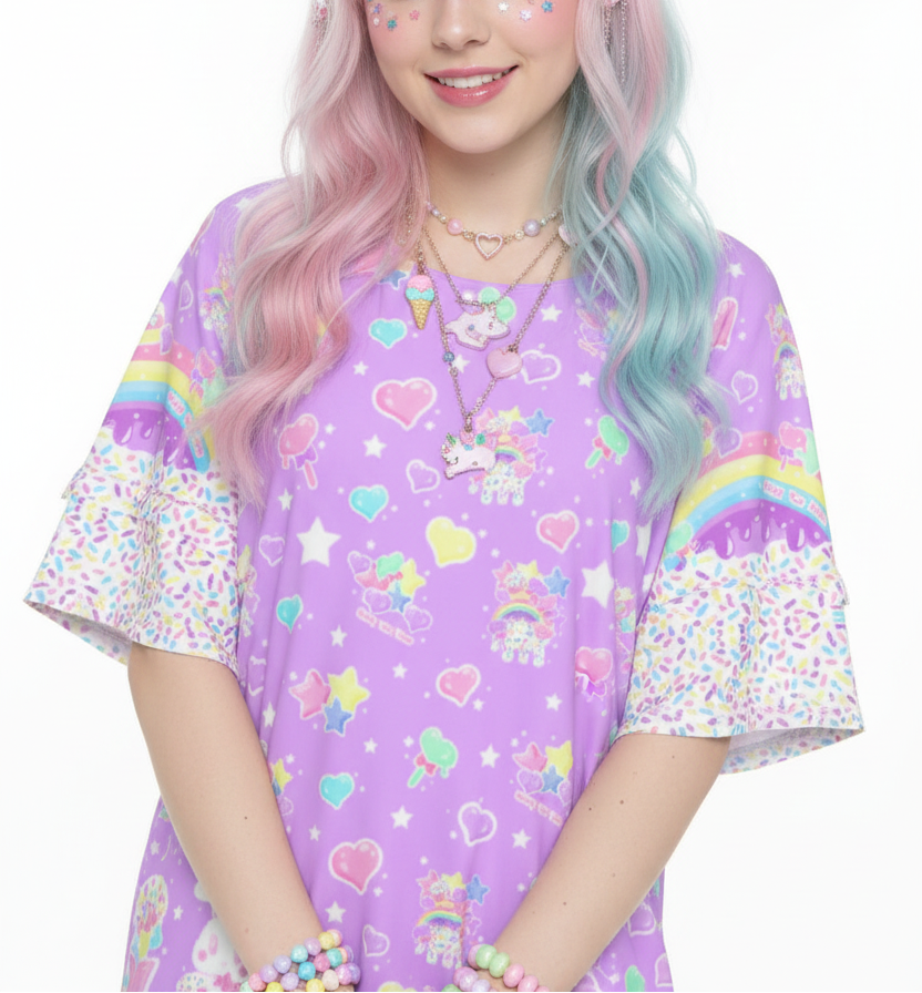 kawaii fashion Jfashion Harajuku style Decora kei kidcore cutecore jojifuku heisei retro Rainbow Sweets Round Neck Raglan Sleeve Ruffle Frill T-Shirt (Purple) sprinkles cupcake sweets bunny magical girl mahou kei lavender violet lilac 