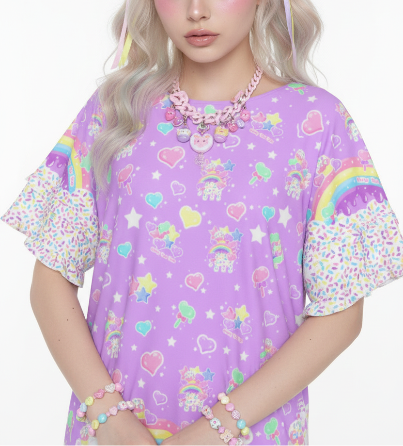 kawaii fashion Jfashion Harajuku style Decora kei kidcore cutecore jojifuku heisei retro Rainbow Sweets Round Neck Raglan Sleeve Ruffle Frill T-Shirt (Purple) sprinkles cupcake sweets bunny magical girl mahou kei lavender violet lilac 