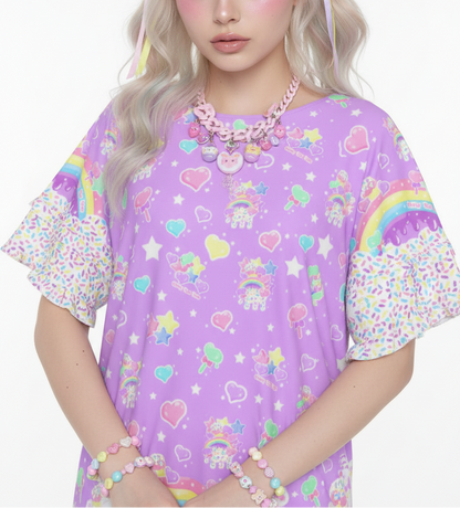 kawaii fashion Jfashion Harajuku style Decora kei kidcore cutecore jojifuku heisei retro Rainbow Sweets Round Neck Raglan Sleeve Ruffle Frill T-Shirt (Purple) sprinkles cupcake sweets bunny magical girl mahou kei lavender violet lilac 