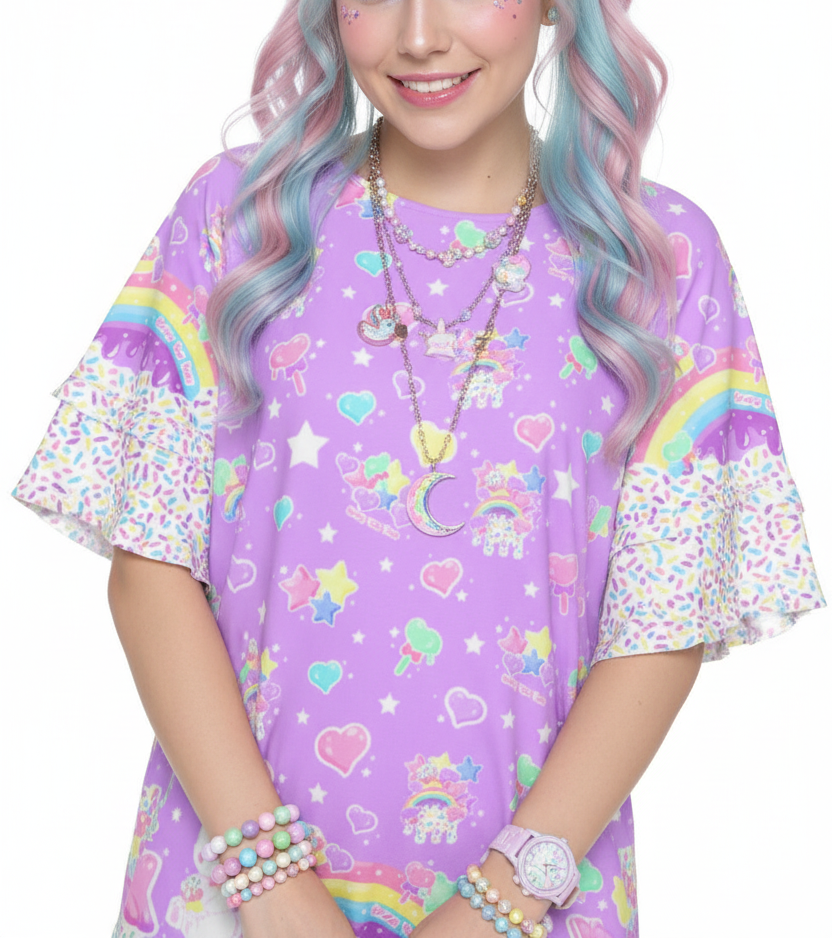 kawaii fashion Jfashion Harajuku style Decora kei kidcore cutecore jojifuku heisei retro Rainbow Sweets Round Neck Raglan Sleeve Ruffle Frill T-Shirt (Purple) sprinkles cupcake sweets bunny magical girl mahou kei lavender violet lilac 