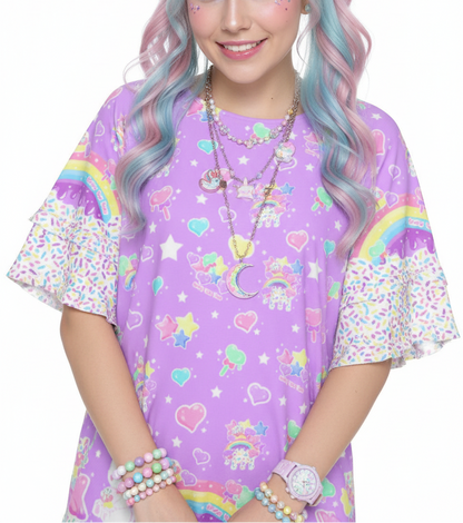 kawaii fashion Jfashion Harajuku style Decora kei kidcore cutecore jojifuku heisei retro Rainbow Sweets Round Neck Raglan Sleeve Ruffle Frill T-Shirt (Purple) sprinkles cupcake sweets bunny magical girl mahou kei lavender violet lilac 