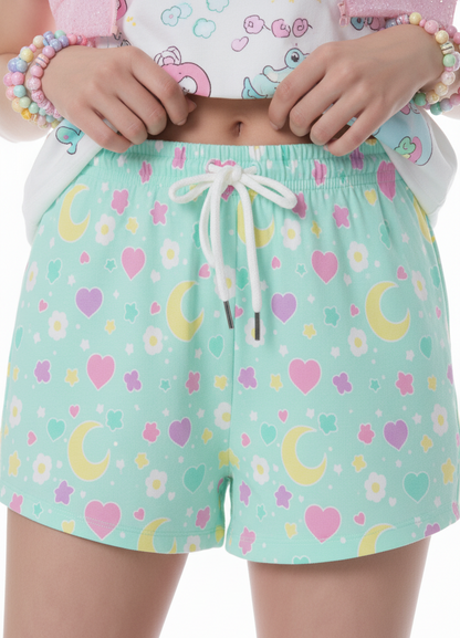 kawaii fashion Jfashion Harajuku style Japanese street fashion fairy kei yume kawaii mahou kei magical girl cutecore jojifuku heiseo retro Magical Spring Mint green Sport Shorts moons flowers hearts colorful pastel