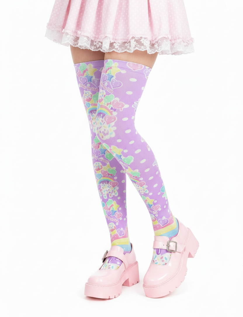 kawaii fashion decora kei over knee stocking socks pop kei pantyhose Japanese street fashion jfashion harajuku style fairy kei yume kawaii Rainbow Sweets Over Knee Stocking Socks (Purple) jojifuku heisei retro Candyland polka dots