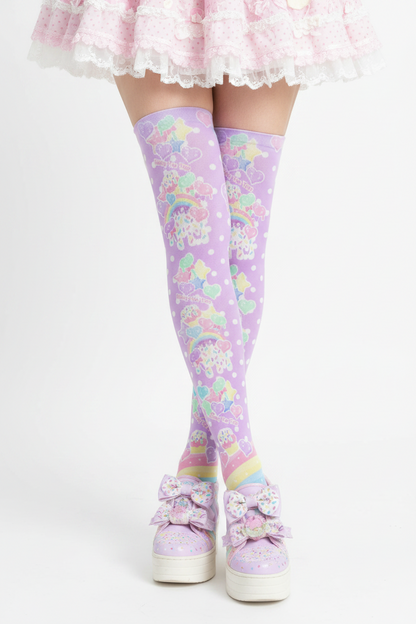 kawaii fashion decora kei over knee stocking socks pop kei pantyhose Japanese street fashion jfashion harajuku style fairy kei yume kawaii Rainbow Sweets Over Knee Stocking Socks (Purple) jojifuku heisei retro Candyland polka dots