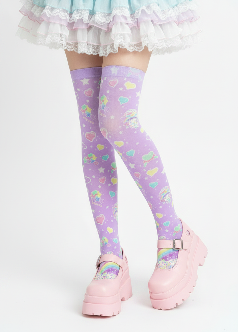 kawaii fashion decora kei over knee stocking socks pop kei pantyhose Japanese street fashion jfashion harajuku style fairy kei yume kawaii Rainbow Sweets Over Knee Stocking Socks (Purple) jojifuku heisei retro Candyland sweets stars