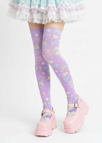 kawaii fashion decora kei over knee stocking socks pop kei pantyhose Japanese street fashion jfashion harajuku style fairy kei yume kawaii Rainbow Sweets Over Knee Stocking Socks (Purple) jojifuku heisei retro Candyland sweets stars