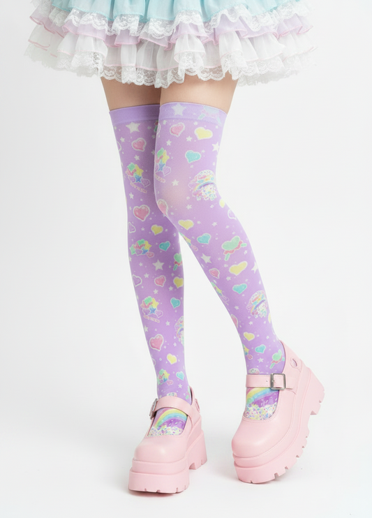 kawaii fashion decora kei over knee stocking socks pop kei pantyhose Japanese street fashion jfashion harajuku style fairy kei yume kawaii Rainbow Sweets Over Knee Stocking Socks (Purple) jojifuku heisei retro Candyland sweets stars