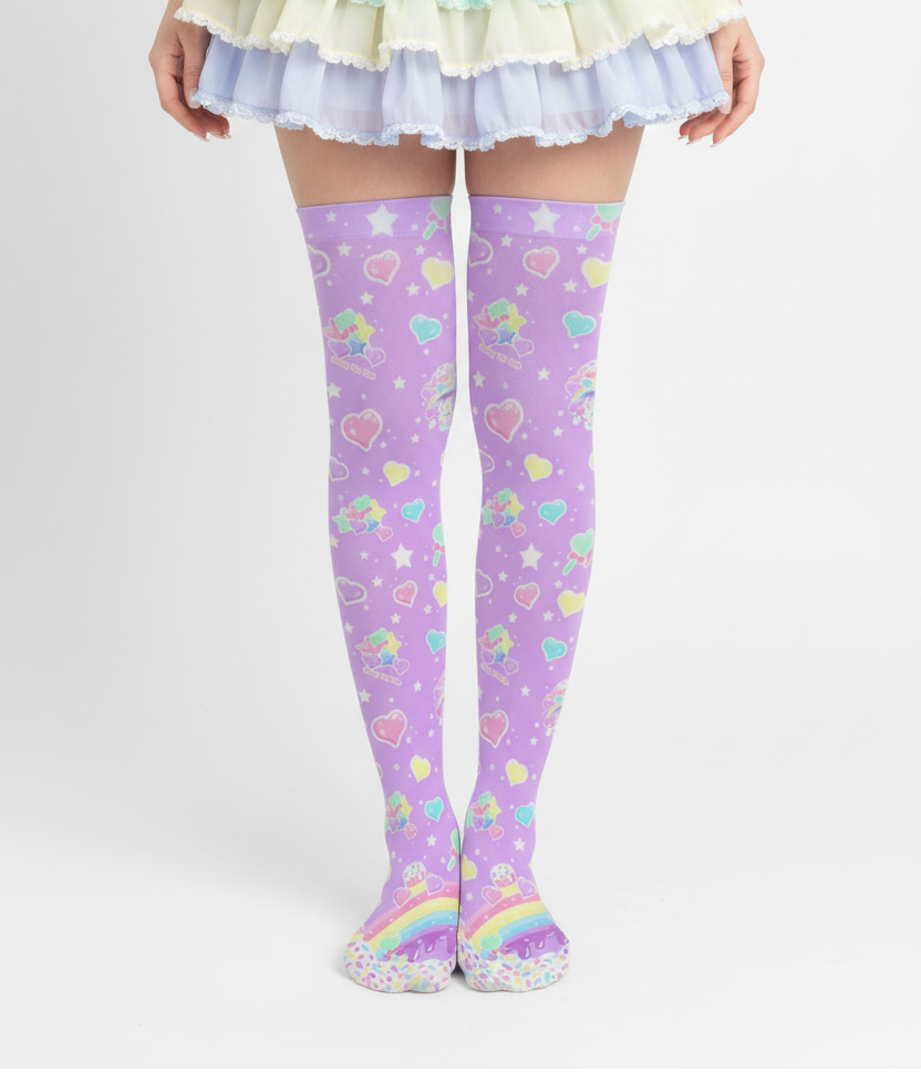kawaii fashion decora kei over knee stocking socks pop kei pantyhose Japanese street fashion jfashion harajuku style fairy kei yume kawaii Rainbow Sweets Over Knee Stocking Socks (Purple) jojifuku heisei retro Candyland sweets stars