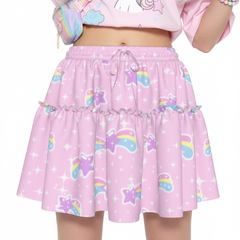kawaii fashion harajuku fashion jfashion yume kawaii fairy kei Bubblegum Bunny Shooting Stars Waist Tie Ruffle Mini Skirt
