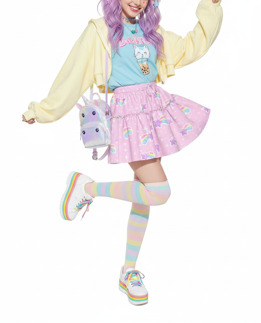 kawaii fashion harajuku fashion jfashion yume kawaii fairy kei Bubblegum Bunny Shooting Stars Waist Tie Ruffle Mini Skirt
