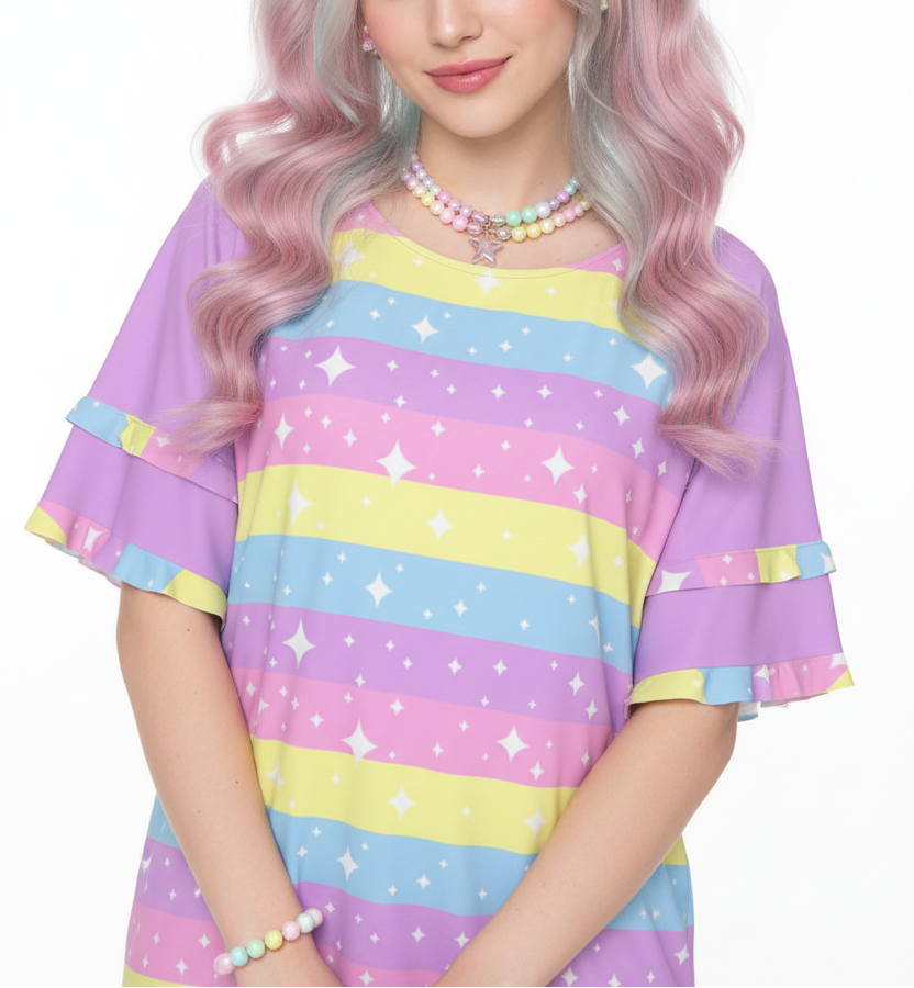 kawaii fashion harajuku jfashion fairy kei  yume kawaii cutecore jojifuku Rainbow Ribbon Round Neck Raglan Sleeve Ruffle Frill T-Shirt (Purple)