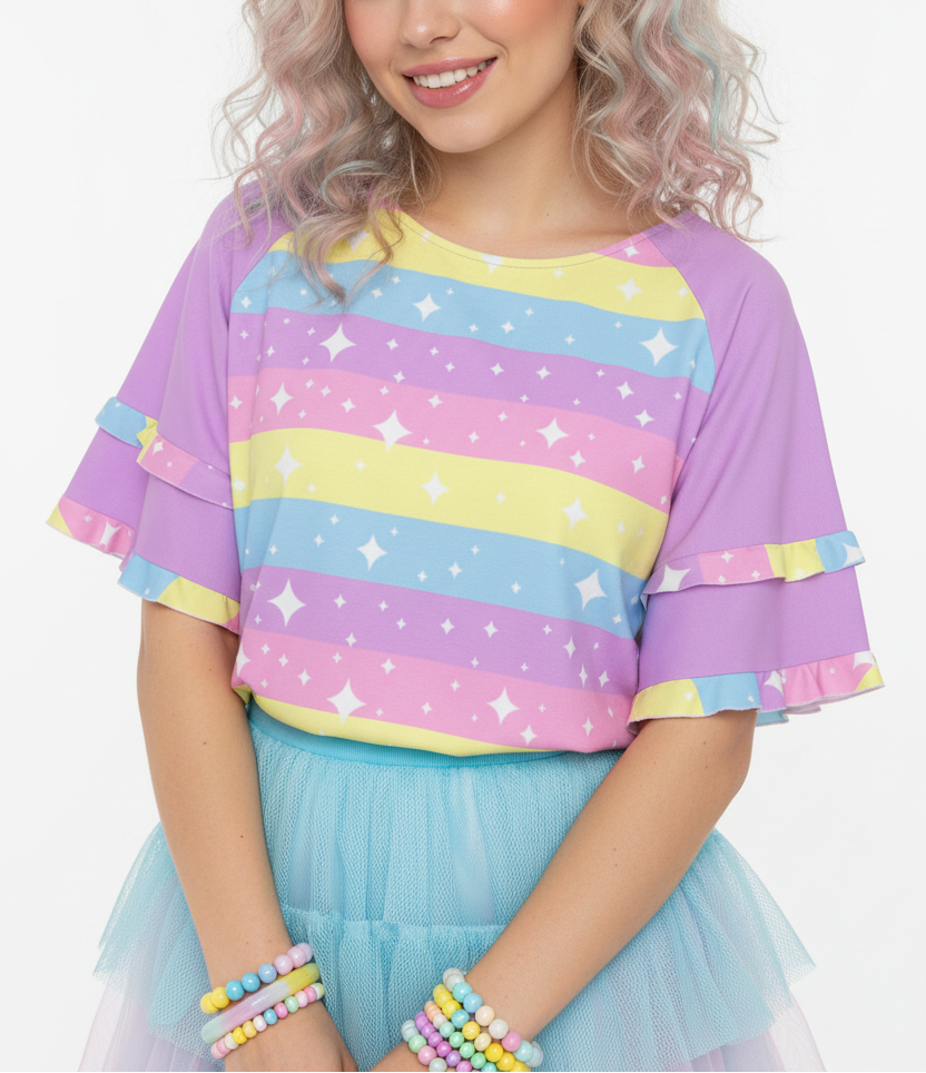 kawaii fashion harajuku jfashion fairy kei  yume kawaii cutecore jojifuku Rainbow Ribbon Round Neck Raglan Sleeve Ruffle Frill T-Shirt (Purple)