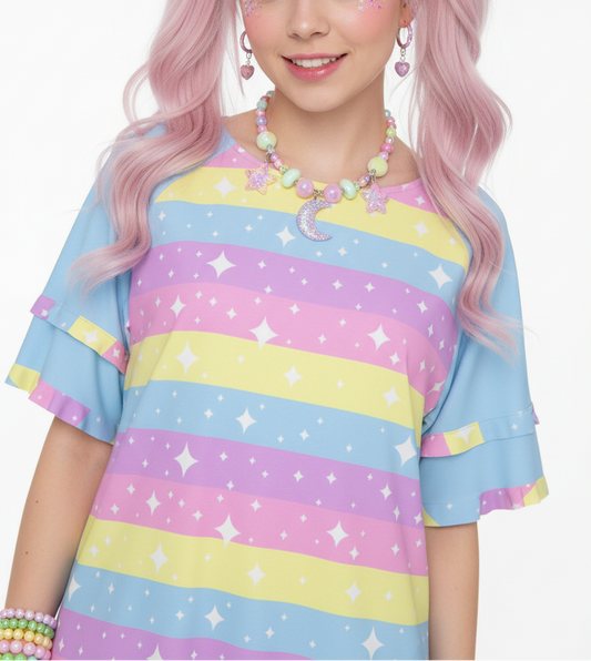 kawaii fashion harajuku jfashion fairy kei  yume kawaii cutecore jojifuku Rainbow Ribbon Round Neck Raglan Sleeve Ruffle Frill T-Shirt pastel rainbow colorful blue