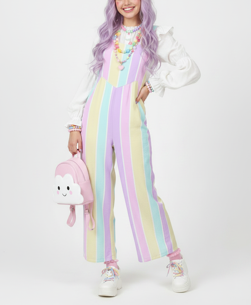 kawaii fashion jfashion Harajuku fashion style Japanese street fashion fairy kei yume kawaii cutecore jojifuku Pastel rainbow Stripes Adjustable Strap Wide Leg Jumpsuit Overalls With Pockets