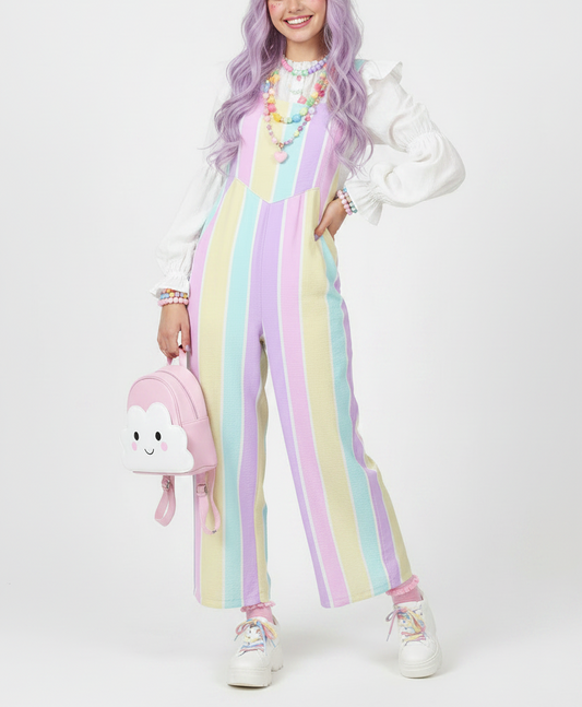 kawaii fashion jfashion Harajuku fashion style Japanese street fashion fairy kei yume kawaii cutecore jojifuku Pastel rainbow Stripes Adjustable Strap Wide Leg Jumpsuit Overalls With Pockets
