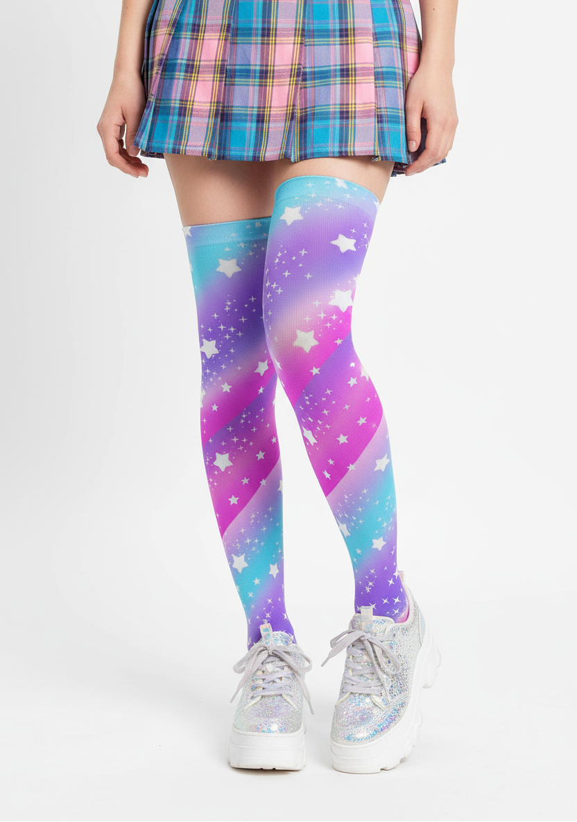 kawaii fashion jfashion Harajuku fashion uchuu kei decora kei colorful dopamine Galactic Wish Over Knee Stocking Socks cosmic space galaxy