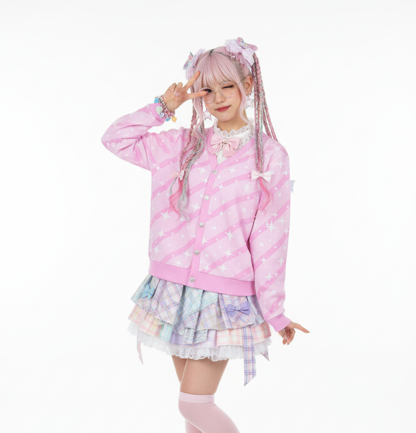 kawaii fashion jfashion harajuku fashion fairy kei yume kawaii Bubblegum Bunny Pink Stripes Women's Ribbed Button Up Cardigan cutecore jojifuku