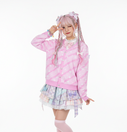 kawaii fashion jfashion harajuku fashion fairy kei yume kawaii Bubblegum Bunny Pink Stripes Women's Ribbed Button Up Cardigan cutecore jojifuku
