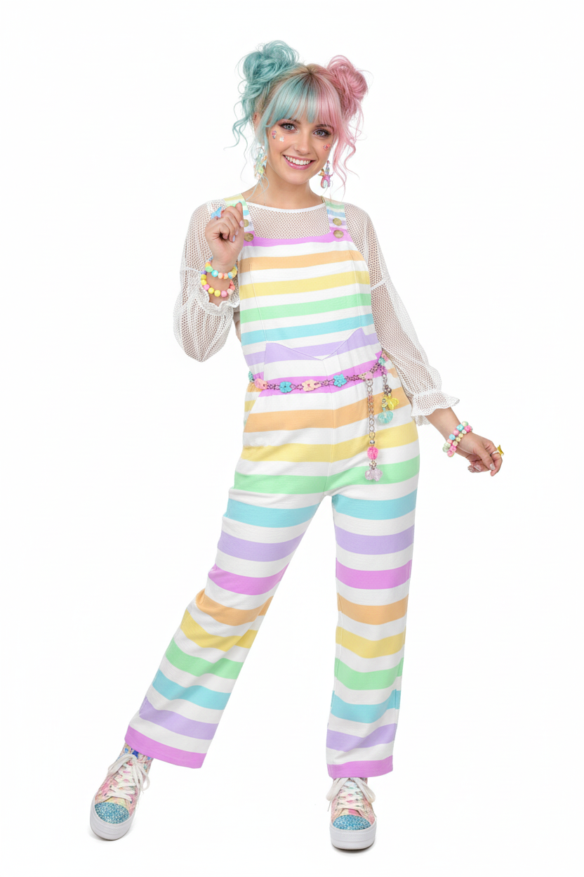 kawaii fashion pastel rainbow harajuku fashion jfashion decora kei pop kei yumekawaii cutecore Fruity Rainbow Adjustable Strap Wide Leg Jumpsuit Overalls With Pockets (Stripes)