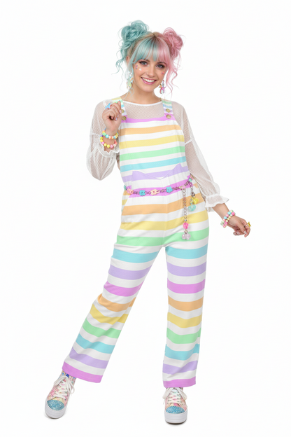kawaii fashion pastel rainbow harajuku fashion jfashion decora kei pop kei yumekawaii cutecore Fruity Rainbow Adjustable Strap Wide Leg Jumpsuit Overalls With Pockets (Stripes)