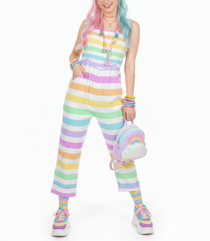 kawaii fashion pastel rainbow harajuku fashion jfashion decora kei pop kei yumekawaii cutecore Fruity Rainbow Adjustable Strap Wide Leg Jumpsuit Overalls With Pockets (Stripes)