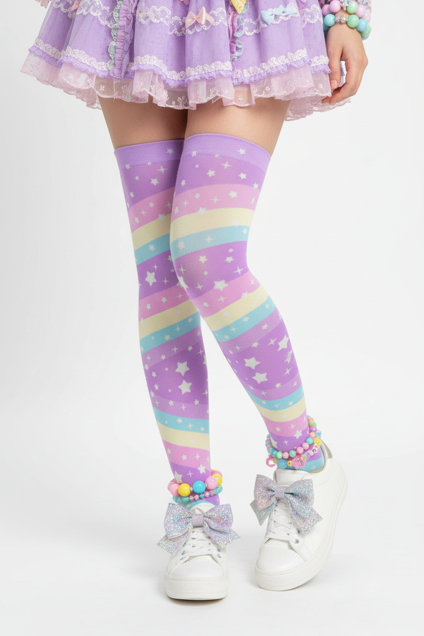 kawaii fashion pastel rainbow over the knee stocking socks pantyhose fairy kei decora kei harajuku fashion cutecore pop kei jfashion
