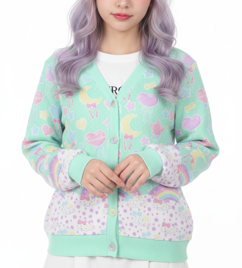 Pastel Party Women's Ribbed Button Up Cardigan (Mint) Kawaii fashion Harajuku fashion jfashion fairy kei yume kawaii jojifuku cutecore
