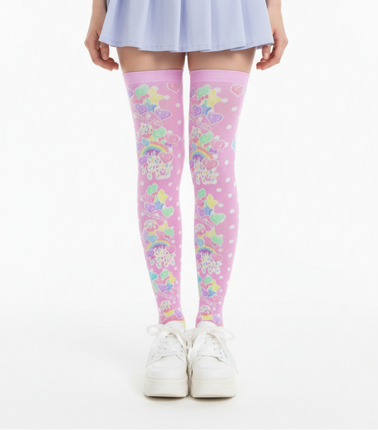Rainbow Sweets Over Knee Stocking Socks (Pink) pastel kawaii harajuku jfashion fairy kei decora kei cutecore jojifuku polka dots candy 