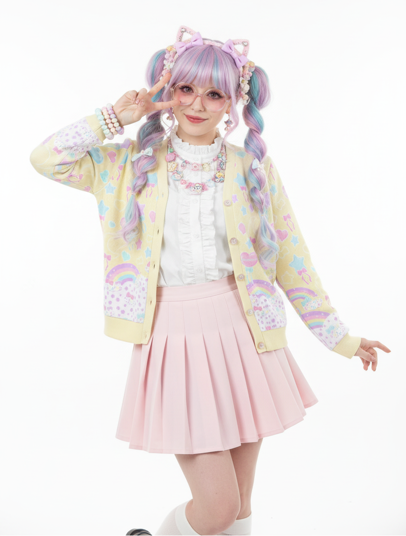 Pastel Party Women's Ribbed Button Up Cardigan (Yellow) kawaii fashion jfashion Harajuku fashion fairy kei yume kawaii jojifuku cutecore 
