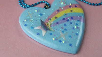Shooting Star Glitter Blue Heart Necklace