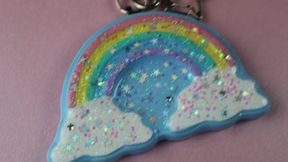 Rainbow in the clouds glitter star keychain