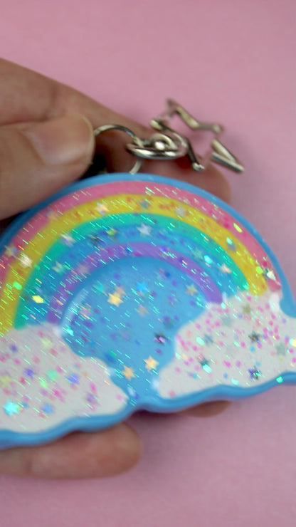 Rainbow in the clouds glitter star keychain