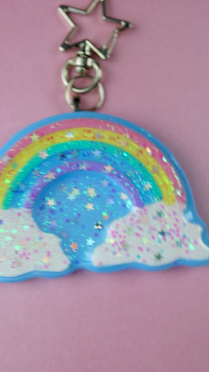 Rainbow in the clouds glitter star keychain
