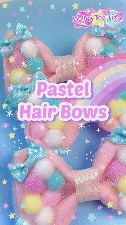 Pastel Pompoms Hair Bow Clip (Pink)