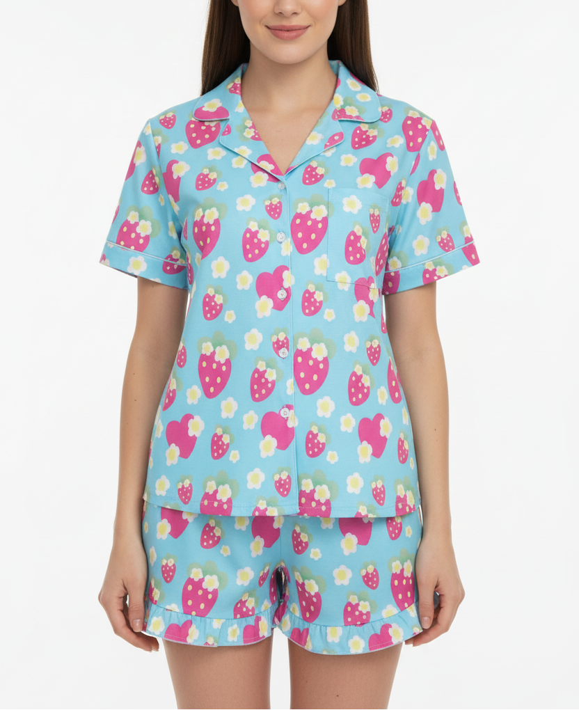 sleepwear loungewear pajamas top and bottom set strawberry cute floral flowers short sleeve button top frilly ruffle shorts with pockets