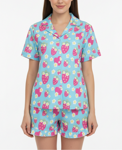 sleepwear loungewear pajamas top and bottom set strawberry cute floral flowers short sleeve button top frilly ruffle shorts with pockets