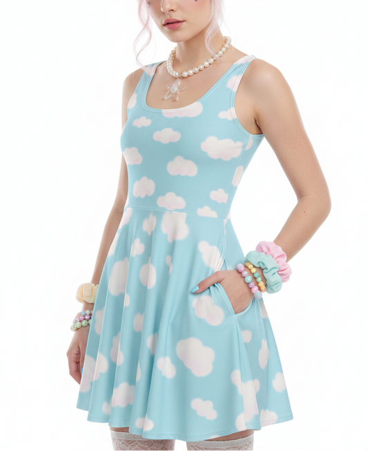 tenshi kaiwai Kawaii fashion Jfashion Harajuku style  cutecore jojifuku heisei retro pastel blue Dreamy Clouds Women's Skater Dress With Pockets (Sky Blue) 