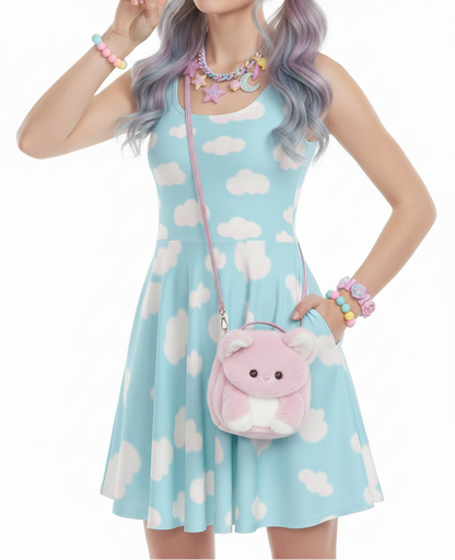 tenshi kaiwai Kawaii fashion Jfashion Harajuku style  cutecore jojifuku heisei retro pastel blue Dreamy Clouds Women's Skater Dress With Pockets (Sky Blue) 
