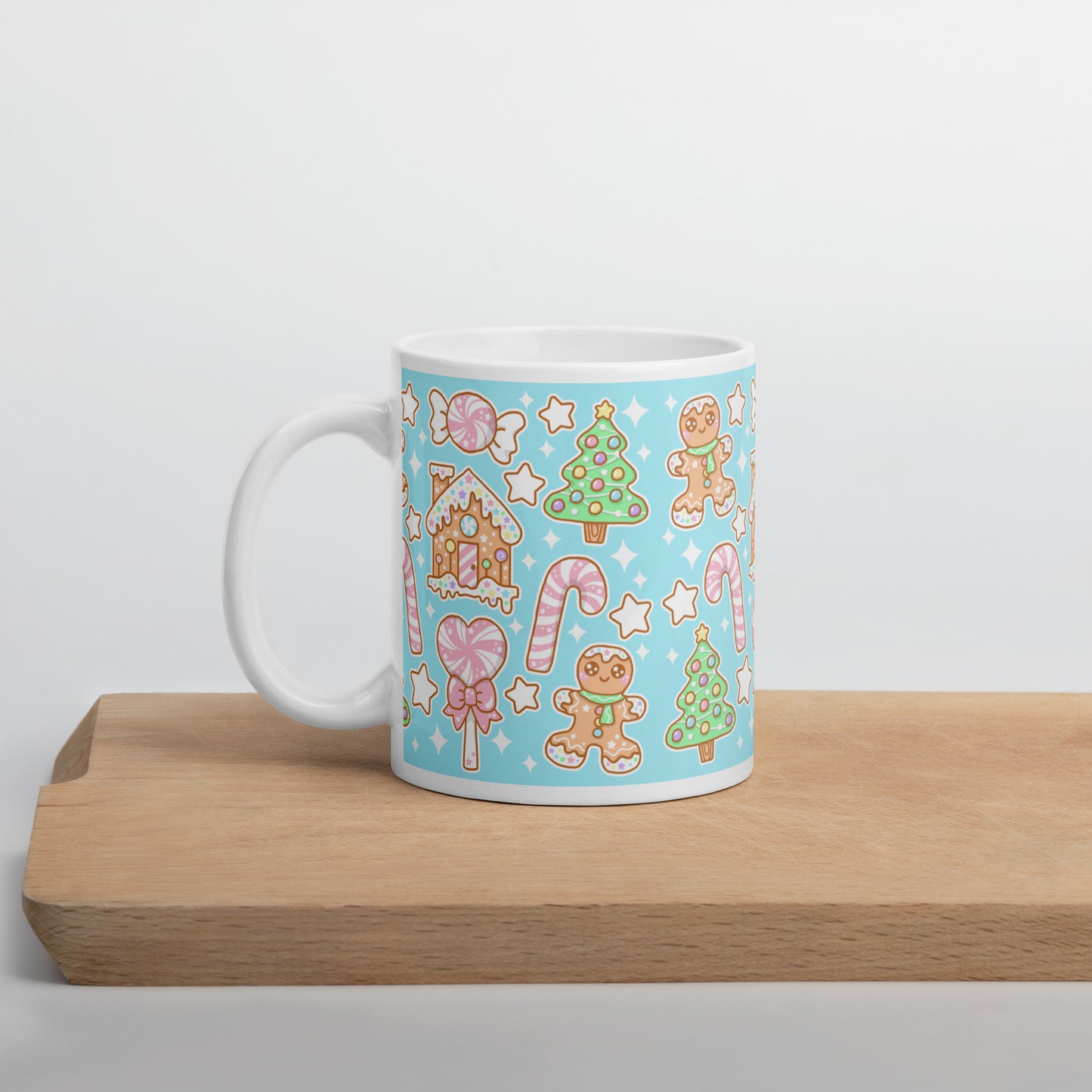 Kawaii Christmas White Glossy Mug (Blue Cotton Candy)