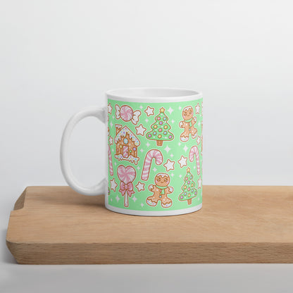 Kawaii Christmas White Glossy Mug (Candy Mint Delight)