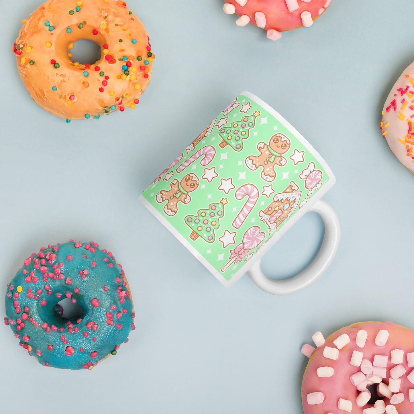 Kawaii Christmas White Glossy Mug (Candy Mint Delight)