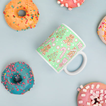 Kawaii Christmas White Glossy Mug (Candy Mint Delight)